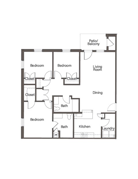 Floor plan for 3 beds, 2 baths, 1249 sqft