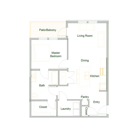 Floor plan for 1 bed, 1 bath, 839 sqft