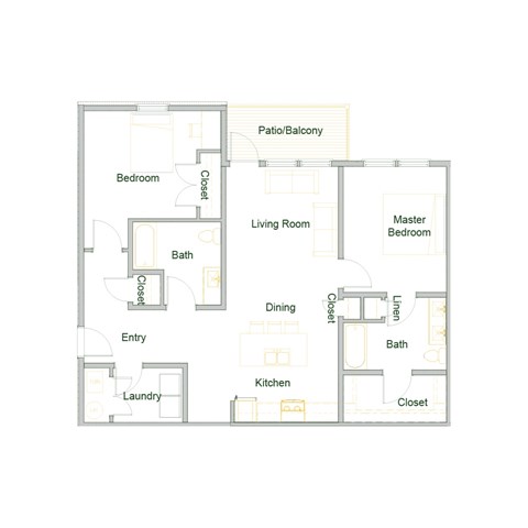 Floor plan for 2 beds, 2 baths, 1167 sqft
