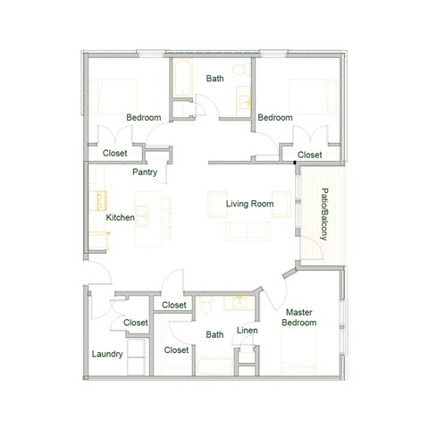 Floor plan for 3 beds, 2 baths, 1360 sqft