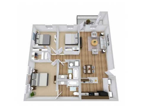 Floor plan for 3 beds, 2 baths, 1173 sqft