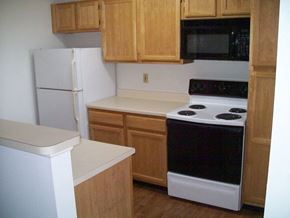 Liberty apartment for rent - Kitchen with a stove refrigerator and microwave at Patriot Pointe Apartments in Liberty, IN