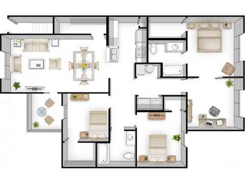 Floor plan for 3 beds, 2 baths, 1435 sqft
