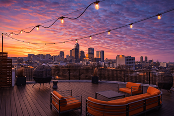 Roof top deck with city skyline view