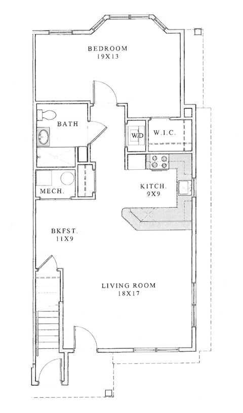 Floor plan for 1 bed, 1 bath