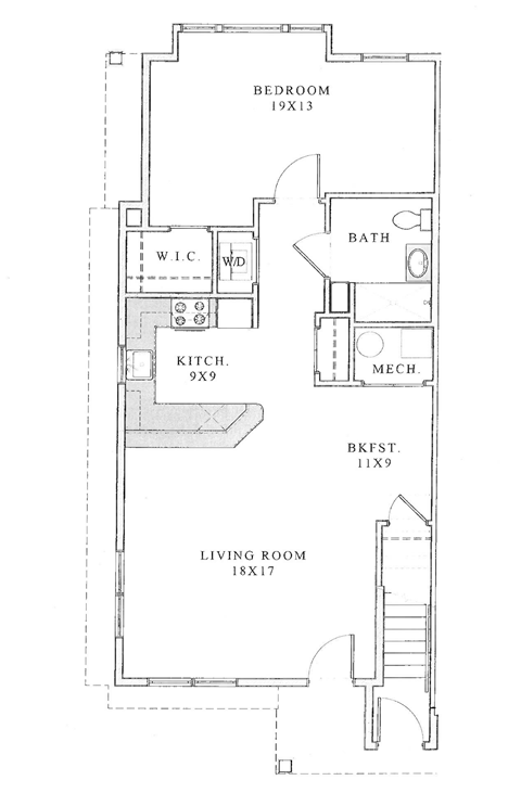 Floor plan for 1 bed, 1 bath