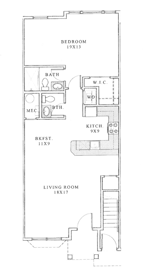 Floor plan for 1 bed, 1.5 baths