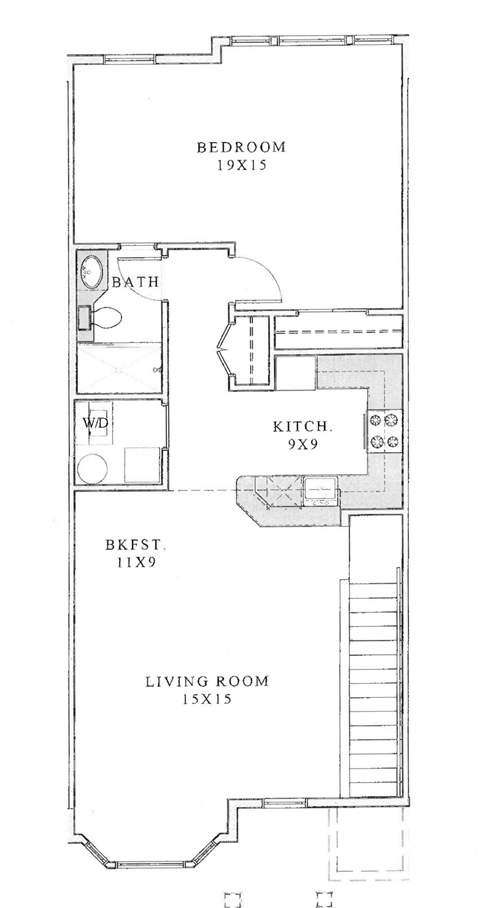 Floor plan for 1 bed, 1 bath, 950 sqft