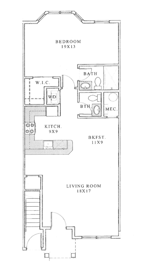 Floor plan for 1 bed, 1.5 baths