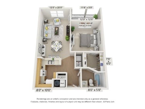 Floor plan for 1 bed, 1 bath, 750 sqft
