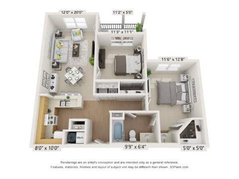 Floor plan for 2 beds, 1 bath, 929 sqft