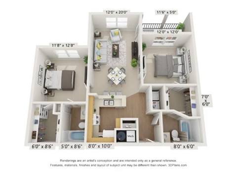 Floor plan for 2 beds, 2 baths, 1058 sqft