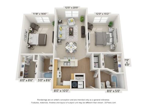 Floor plan for 2 beds, 2 baths, 1058 sqft