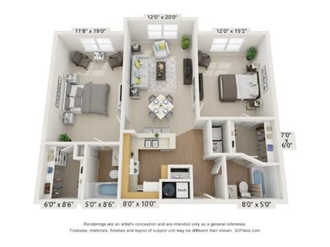 Floor plan for 2 beds, 2 baths, 1058 sqft