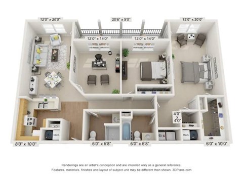 Floor plan for 2 beds, 2 baths, 1440 sqft