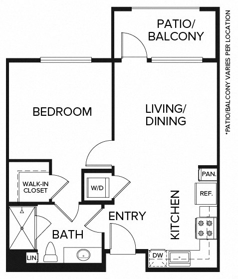 Floor plan for 1 bed, 1 bath, 615 sqft