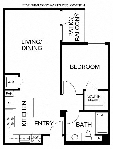 Floor plan for 1 bed, 1 bath, 700 sqft