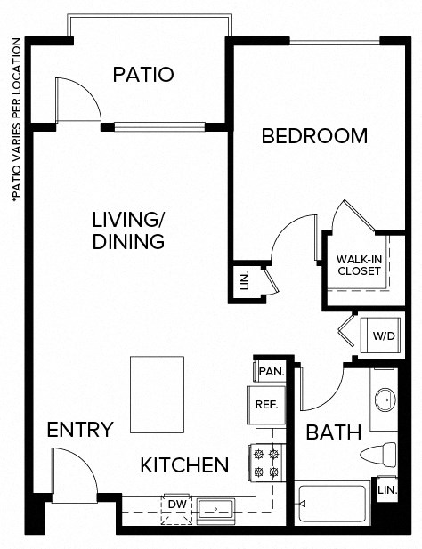 Floor plan for 1 bed, 1 bath, 770 sqft