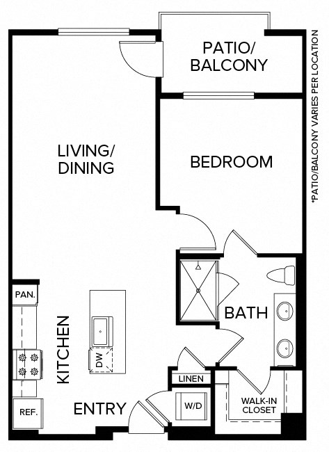Floor plan for 1 bed, 1 bath, 795 sqft