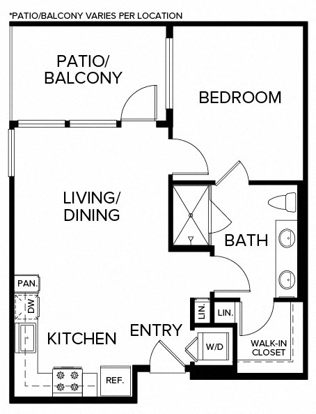 Floor plan for 1 bed, 1 bath, 832 sqft