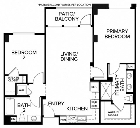 Floor plan for 2 beds, 2 baths, 1037 sqft