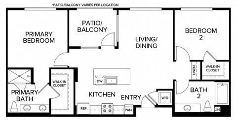 Floor plan for 2 beds, 2 baths, 1078 sqft