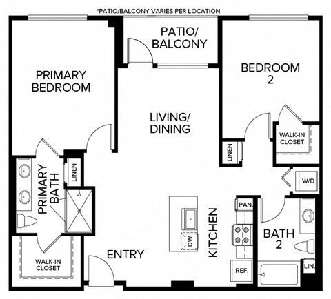 Floor plan for 2 beds, 2 baths, 1136 sqft