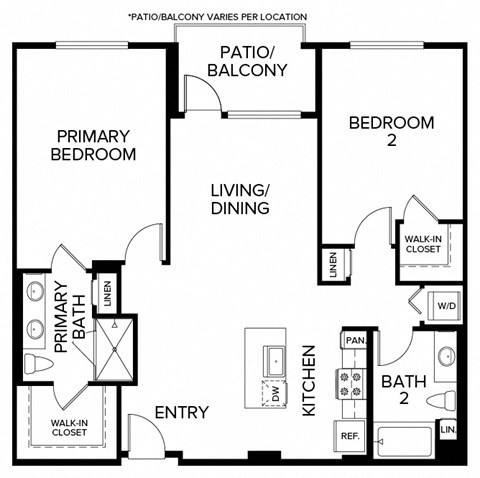 Floor plan for 2 beds, 2 baths, 1210 sqft