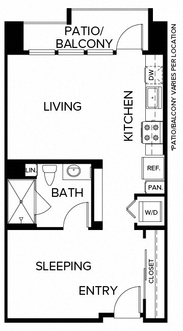 Floor plan for studio, 1 bath, 535 sqft