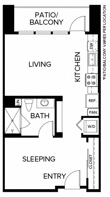 Floor plan for studio, 1 bath, 589 sqft
