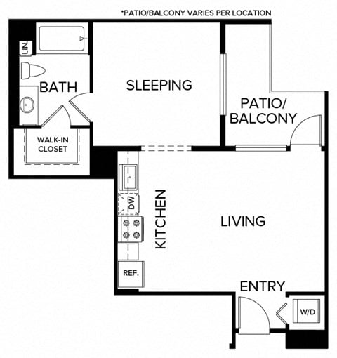 Floor plan for studio, 1 bath, 622 sqft