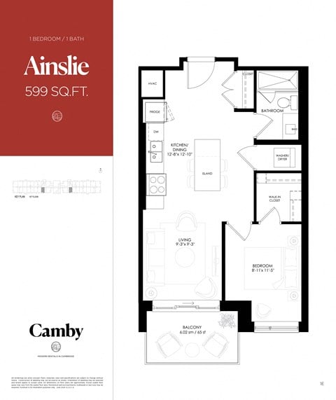Floor plan for 1 bed, 1 bath, 599 sqft