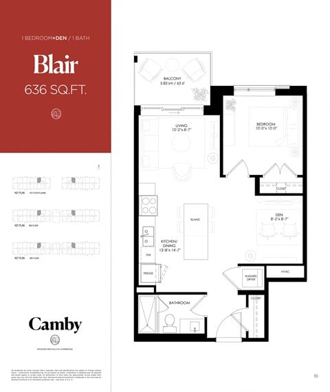 Floor plan for 1 bed, 1 bath, 636 sqft