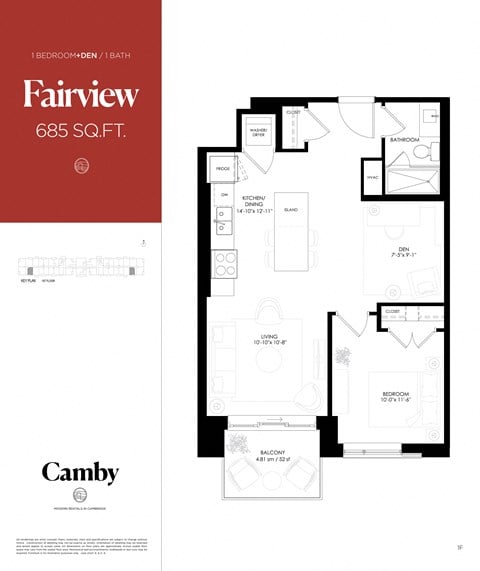 Floor plan for 1 bed, 1 bath, 685 sqft