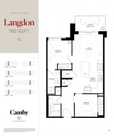 Floor plan for 2 beds, 2 baths, 785 sqft