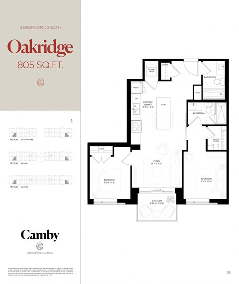Floor plan for 2 beds, 2 baths, 805 sqft