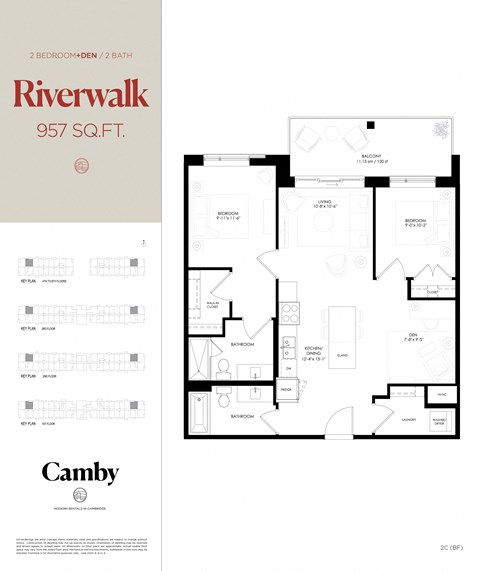 Floor plan for 2 beds, 2 baths, 957 sqft