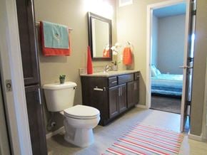 Mitchell apartment for rent - a bathroom with a toilet and a sink and a mirror