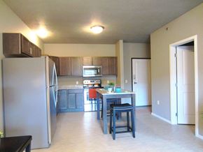 Mitchell apartment for rent - a kitchen with stainless steel appliances and a table with chairs