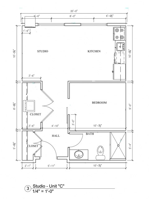 Floor plan for studio, 1 bath, 500 sqft