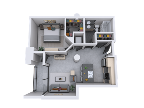 Floor plan for 1 bed, 1 bath, 670 sqft