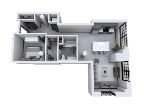 Floor plan for 1 bed, 1 bath, 957 sqft