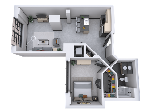 Floor plan for 1 bed, 1 bath, 898 sqft