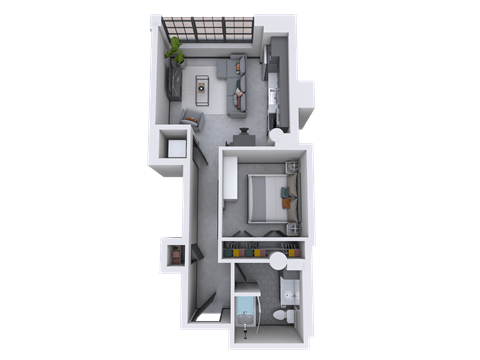 Floor plan for 1 bed, 1 bath, 601 sqft