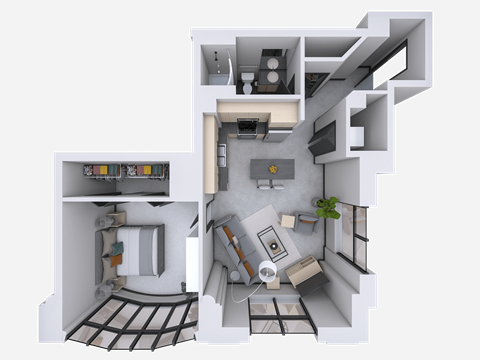 Floor plan for 1 bed, 1 bath, 810 sqft