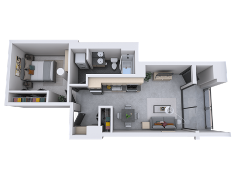 Floor plan for 1 bed, 1 bath, 608 sqft