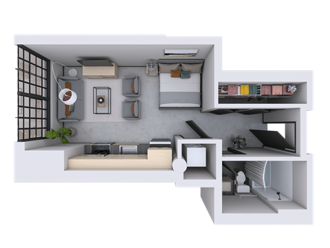 Floor plan for studio, 1 bath, 446 sqft