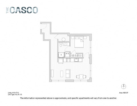 Floor plan for 1 bed, 1 bath, 698 sqft