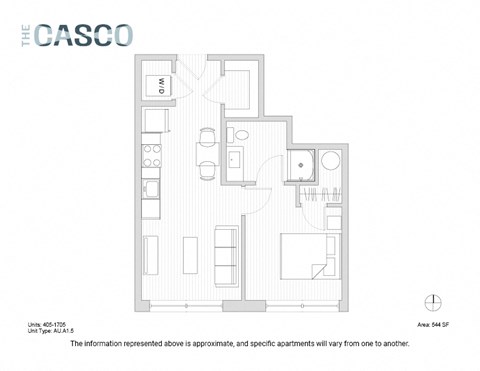 Floor plan for 1 bed, 1 bath, 544 sqft