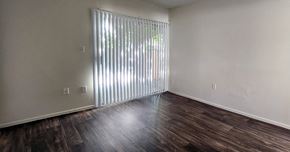 Phoenix apartment for rent - a bedroom with laminate wood floors, white walls, and a sliding glass door with long blinds